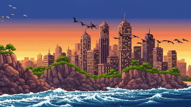 Futuristic Cityscape by the Ocean Waves.