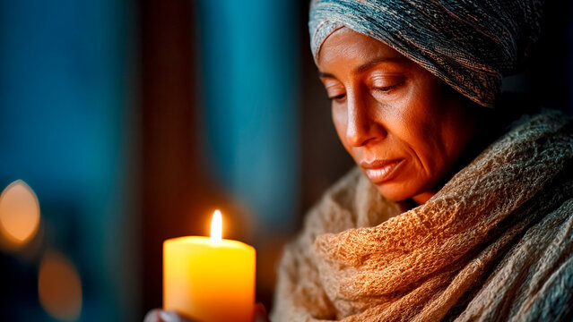 African Woman Holding Lit Candle During Interfaith Ceremony. Prayer Ritual, Spiritual Unity, Sacred Light.