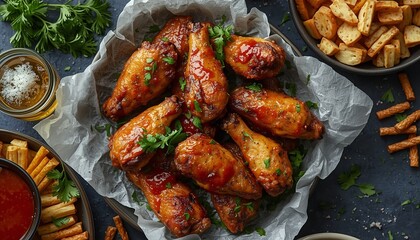 A delicious serving of chicken wings with various sides on a table