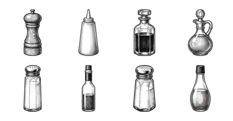Vintage style engraving illustration collection of kitchen condiments and spice containers including salt shakers pepper mills oil cruets and sauce bottles.