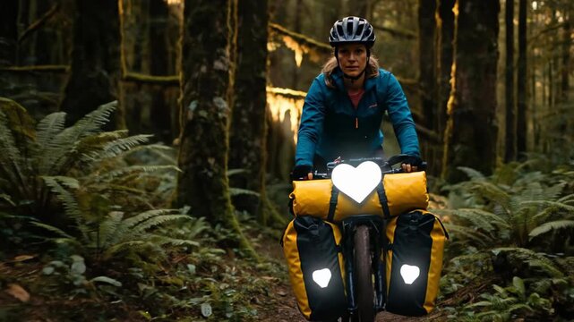 Woman riding touring bicycle with yellow panniers on trail in mossy forest with sunbeams