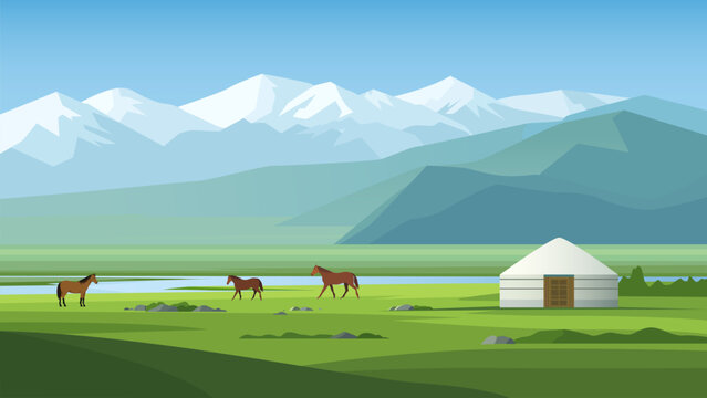 Amazing landscape with green meadows and mountains, horses, and a yurt. Steppe meadows, fields, river, and mountains. Yurt in the steppe. Vector landscape illustration.