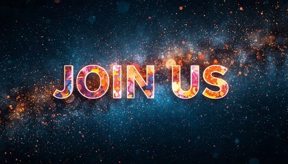 A vibrant and colorful invitation to join a community or event with a stunning galaxy background