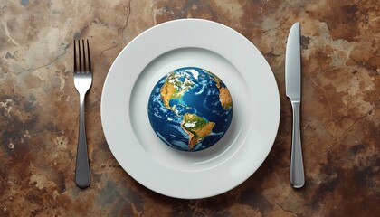 A creative still life of the Earth on a plate with utensils, symbolizing global sustainability and environmental awareness.