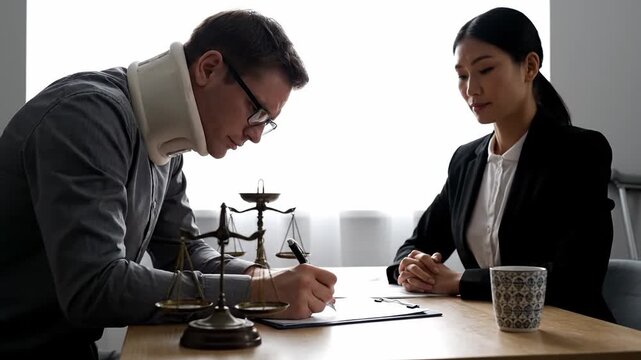 Man with neck brace and crutches sitting with woman in office filling out paperwork for insurance claim