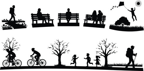 Black silhouettes of people in park, hiking, cycling, sitting on benches, children playing, and flying a kite in nature outdoors.