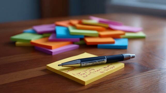 A pen rests on a yellow sticky note with a pile of scattered colorful notes behind it on a wooden desk symbolizing ideas