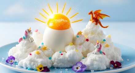 Whimsical Food Art - Egg Sun, Meringue Clouds, and Fantasy Creatures.