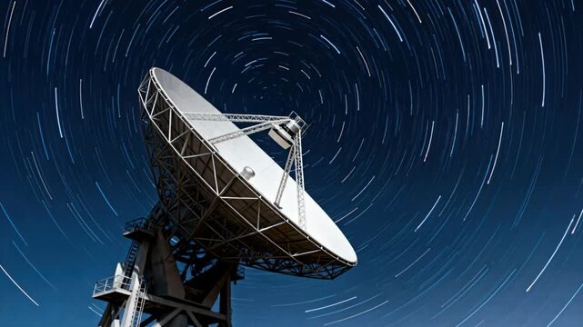 Time-lapse showing a massive satellite dish tracking the night sky, surrounded by bright, concentric star trails.