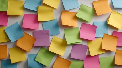 Vibrant sticky notes in multiple colors scattered and overlapping on a clean white background representing ideas and organization