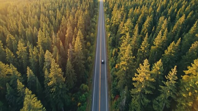 Aerial view of a car driving down a straight road through a dense forest.