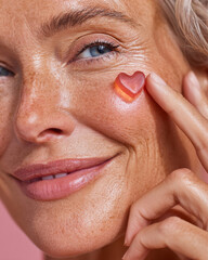 Fototapeta premium Heart shaped gummy close up on smiling woman face with hydrated luminous skin, Valentine's day.