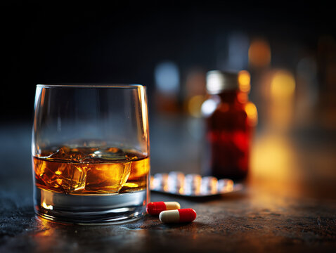 Alcohol and Prescription Medication Interaction Risk Concept Showing Health and Safety Warning