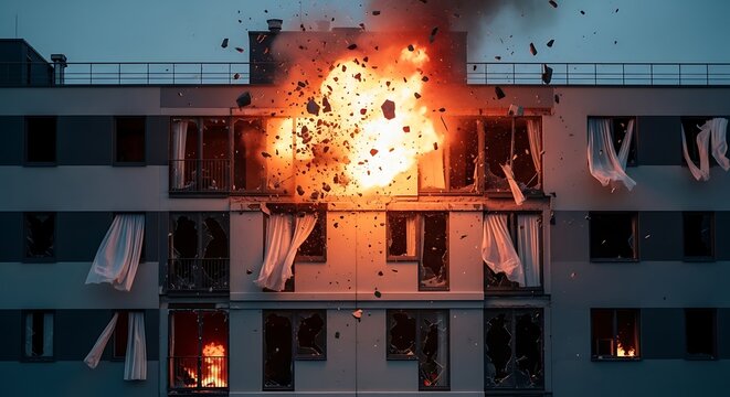 Building explosion fire destruction disaster emergency services response.