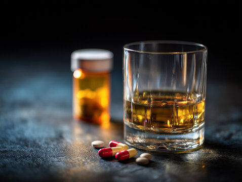 Alcohol and Prescription Medication Interaction Risk Concept Showing Health and Safety Warning