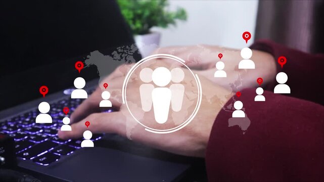 Businessman virtual customer target icon with global network and location pins, representing CRM strategy, customer segmentation, data-driven marketing, audience targeting.