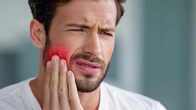 A distressed man suffering from acute toothache or jaw pain holds his cheek, highlighted in red.