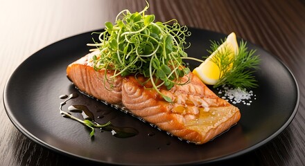 Delicious Grilled Salmon with Fresh Greens and Lemon Wedge.