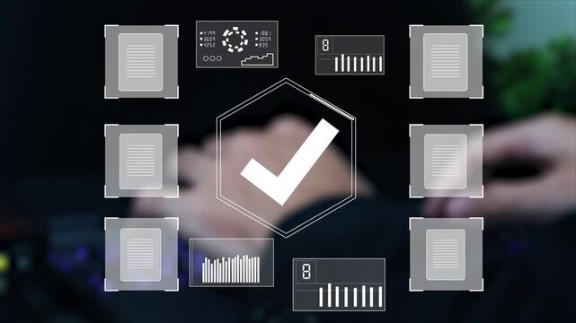 Digital verification concept with glowing check mark, document checklist, and workflow interface. Represents compliance management, approval system, data validation.