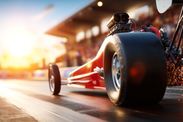 Drag Racing Car at Starting Line with Tire Smoke and Launch