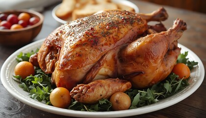 A roasted turkey on a white plate garnished with fresh herbs and cherry tomatoes on a wooden table