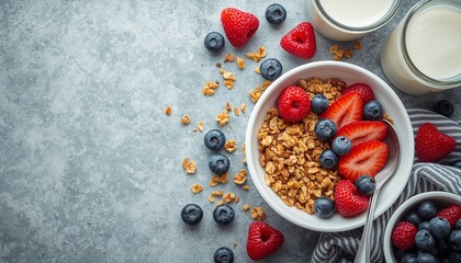 A bowl of granola with fresh strawberries and blueberries next to milk and another bowl of blueberries on a gray surface