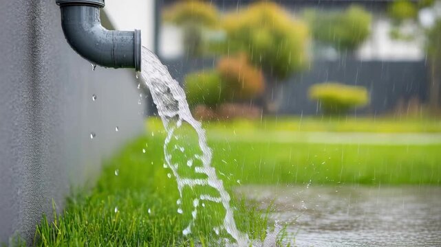 Heavy rain water pouring out of a residential downspout onto lush green grass during a storm.