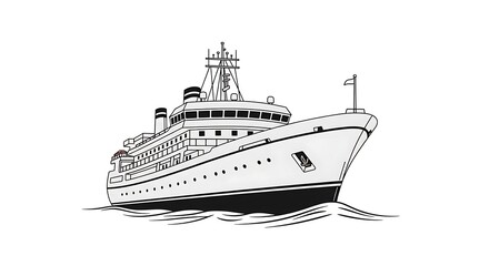 Fototapeta premium Black and white line art illustration of a cruise ship sailing on water