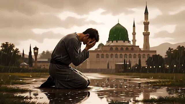 A devout Muslim man kneels in deep prayer and contemplation on wet ground near a magnificent mosque during a somber rainfall moment.