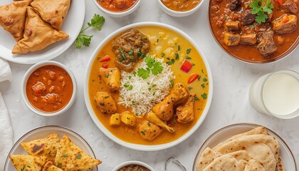 A variety of Indian dishes and snacks arranged on a white table, including samosas, naan bread, and several types of curry.
