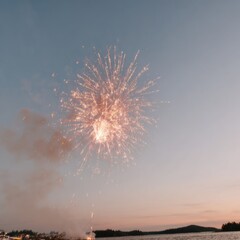 Fototapeta premium Bright Fireworks Exploding in the Evening Sky Over Water as a Celebration for New Year or Patriotic Festivals with Copy Space and Dreamy Night Stars