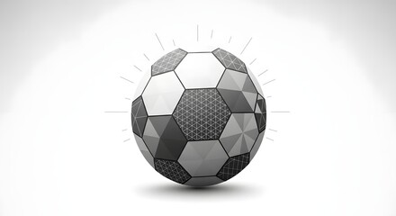 A black and white soccer ball with a unique, pixelated design floating in space