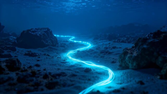 Submarine cable glows blue across the dark, rocky ocean floor, symbolizing deep-sea connectivity.
