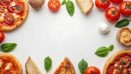 A delicious arrangement of pizza slices, tomatoes, and basil leaves on a white surface