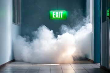 Illuminated Exit Sign in Evacuation Drill with Smoke