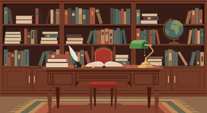 Vintage library interior with a wooden desk, an open book, a quill pen, and a green banker's lamp in front of a large bookcase filled with old books and a globe