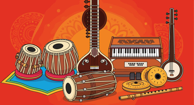 Collection of traditional Indian musical instruments like the sitar, tabla, harmonium, and flute, illustrated in a vibrant, flat vector style on a decorative orange background