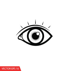A black and white illustration of a stylized human eye
