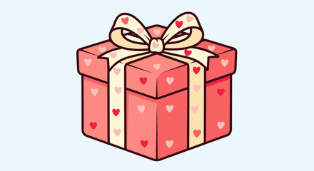 Pink gift box with a red heart pattern and a large cream ribbon bow on top, illustrated in a cute cartoon style and isolated on a light blue background