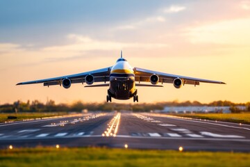 Cargo Aircraft Taking Off at Sunset with Maximum Load