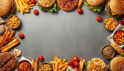 A variety of fast food items arranged on a gray surface, including burgers, fries, and condiments.