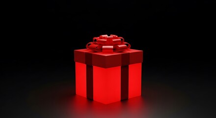 Glowing Red Gift Box on Dark Background.