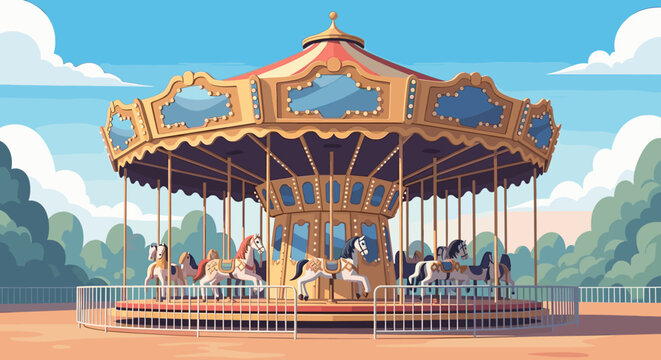Classic vintage carousel with ornate gold details and colorful painted horses stands in an amusement park, rendered in a clean, flat vector illustration style against a blue sky