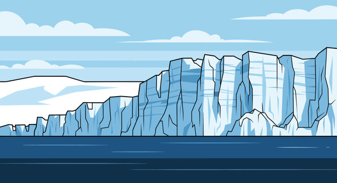 Vast arctic glacier ice cliff illustration with a sheer frozen wall rising from the deep blue ocean under a cloudy sky, a simple flat vector cartoon landscape