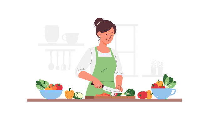 Happy young woman in a green apron chopping fresh vegetables on a wooden cutting board in a modern kitchen, a concept for healthy eating and home cooking, isolated on white