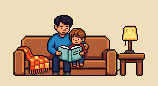 Pixel art father and son reading a book together on a cozy brown couch in a warm, inviting living room scene with a lamp and blanket
