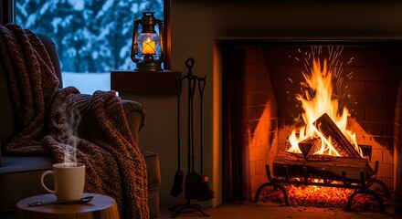 Cozy Winter Evening by the Fireplace with Hot Drink.