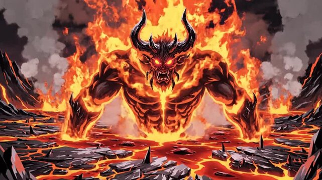 Muscular horned demon emerging from flames in a fiery landscape