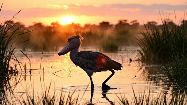 Majestic Abu Markub Bird Stalking Prey in Misty Sunrise Swamp