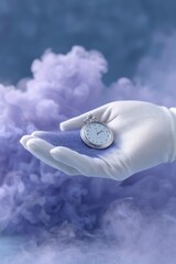 a hand in white gloves floating with an old pocket watch above it, against swirling smoke on dark blue background.